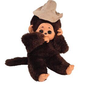 Vintage Plush Monkey Cuddle Wit Thumbsucker 1980s Plastic Face Ears Brown 12"